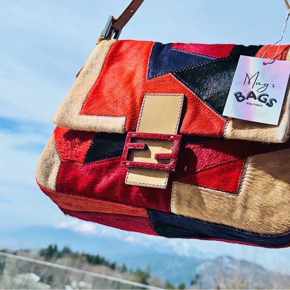 Fendi: Pony Calf Hair Multi Color Patchwork Leather Mamma Baguette Shoulder Bag - Picture 6 of 17